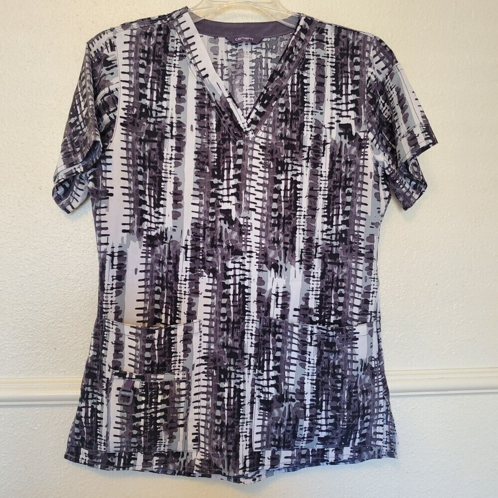 Carhartt Womens Scrub Top XS Gray White Abstract Geometric V-Neck Short Sleeve